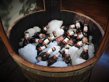 Load image into Gallery viewer, The bottom of the Ultimate Entertainer wine barrel can store a whole slab of beer and 4-5 bags of ice.