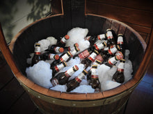 Load image into Gallery viewer, The bottom of the Ultimate Entertainer wine barrel can store a whole slab of beer and 4-5 bags of ice.
